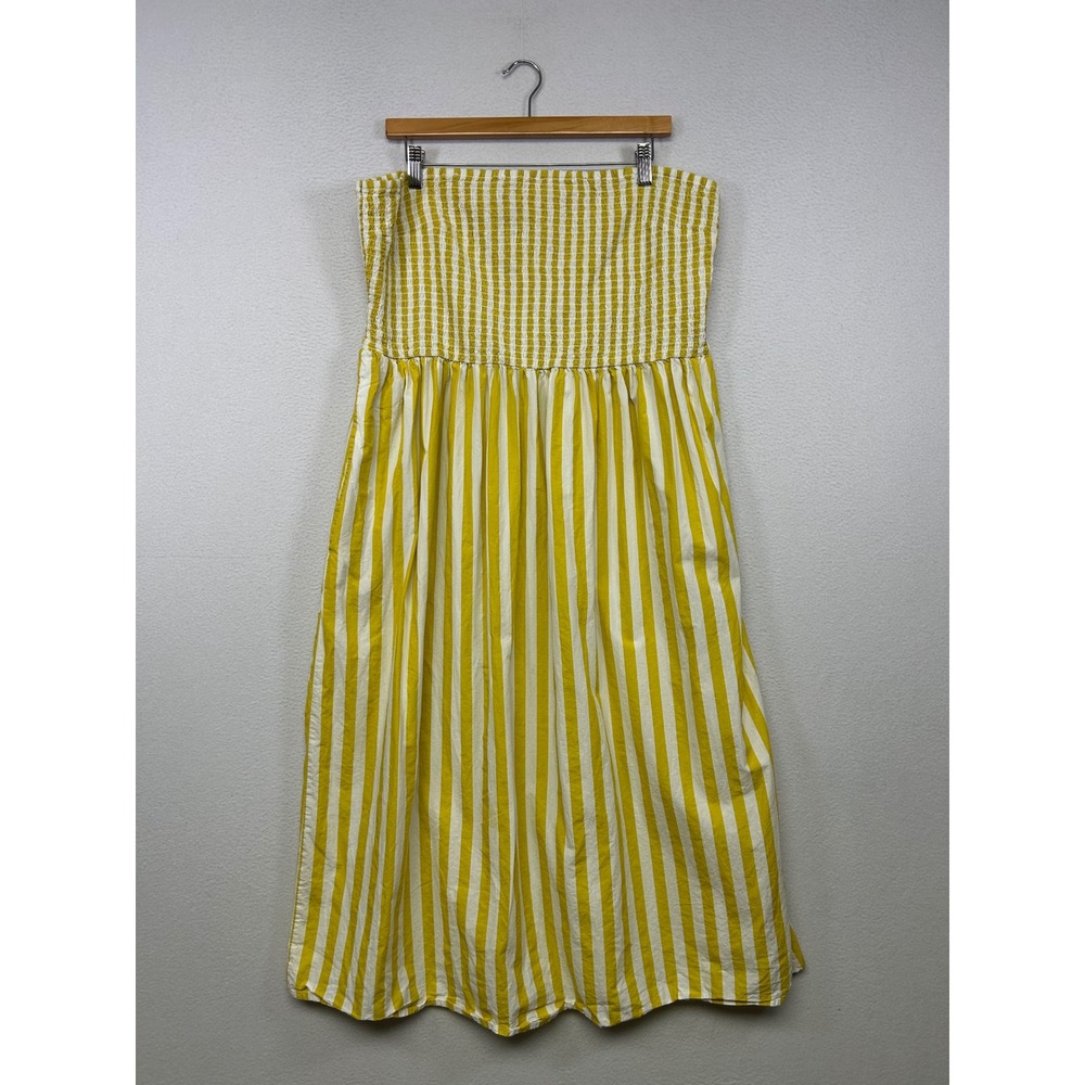 Boho Summer A New Day Womens XL Yellow White Striped Smocked Tube Midi Dress